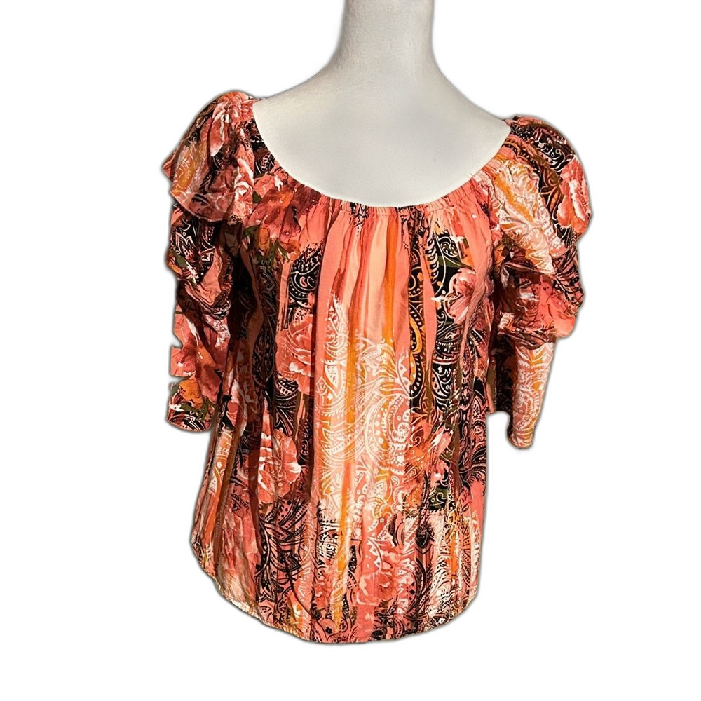 Cato Est 1946 Floral Blouse Size L Pink Black Tiered Ruffle 3/4 Sleeve Top